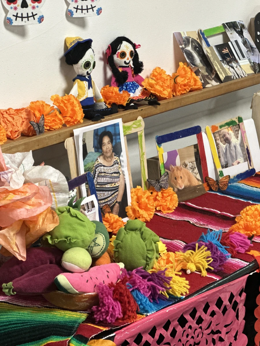 An altar beautifully arranged with images of loved ones and pets, adorned with brightly colored fabrics, flowers, and ornaments, honoring Día de los Muertos.